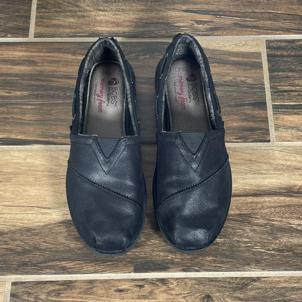 Skechers BOBS Chill Luxe Buttoned Up Shoes Womens Size 6.5 Black Comfort Flats